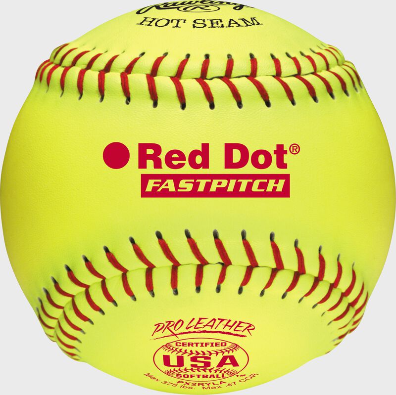 A yellow Rawlings 12-inch Pro Leather Red Dot USA fastpitch softball with red seams loading=