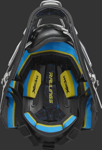 Inside IMPAX foam padding of a black/white CHMCHS Rawlings catcher's helmet