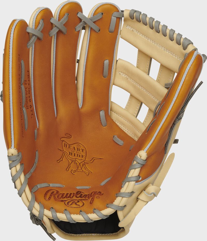 Tan palm of a left hand throw Rawlings HOH outfield glove with a camel web and grey laces - SKU: PRO3039-6TC-RH