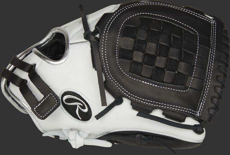Thumb of a white RLA120-3BP Liberty Advanced Color Series 12-inch infield/pitcher's glove with a black Basket web
