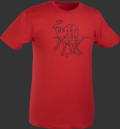 A scarlet Rawlings Heart of the Hide short sleeve shirt with the HOH logo printed in black