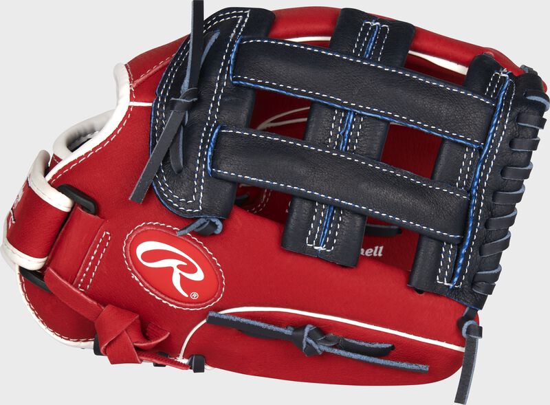 Thumb of a scarlet Sure Catch 11.5-Inch Bryce Harper Signature youth glove with a navy H-web - SKU: SC115BH