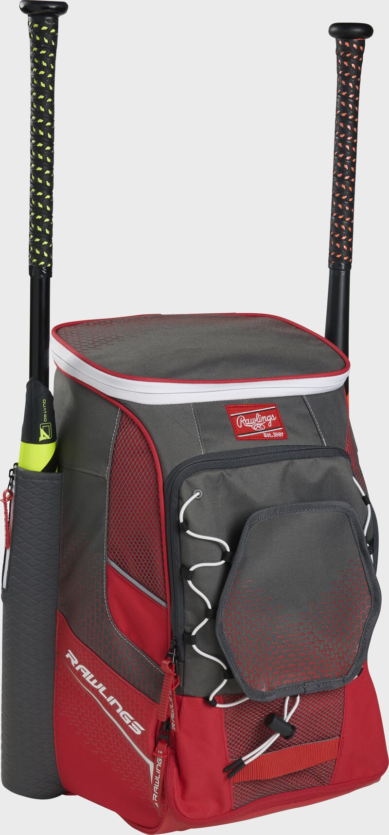 Front left angle of a scarlet Rawlings Impulse baseball gear backpack with two bats - SKU: IMPLSE-S
