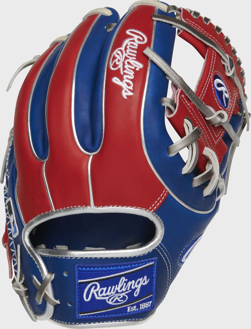Shell back view of royal, scarlet, and platinum 2021 Exclusive Heart of the Hide R2G infield glove