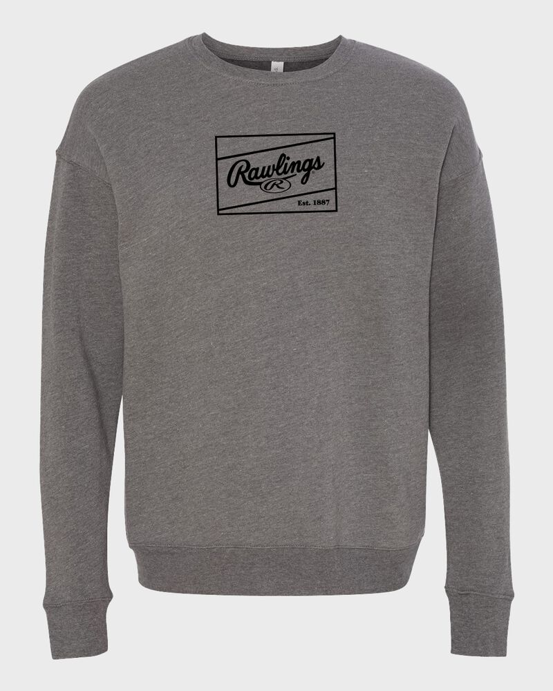 A gray Rawlings crew neck fleece sweatshirt with a black Rawlings patch logo on the chest - SKU: RSGSF-G