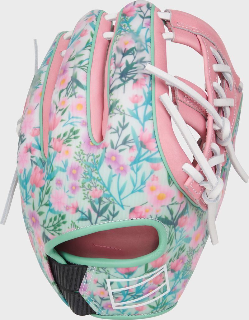 Floral back of a Rawlings Mother's Day REV1X glove