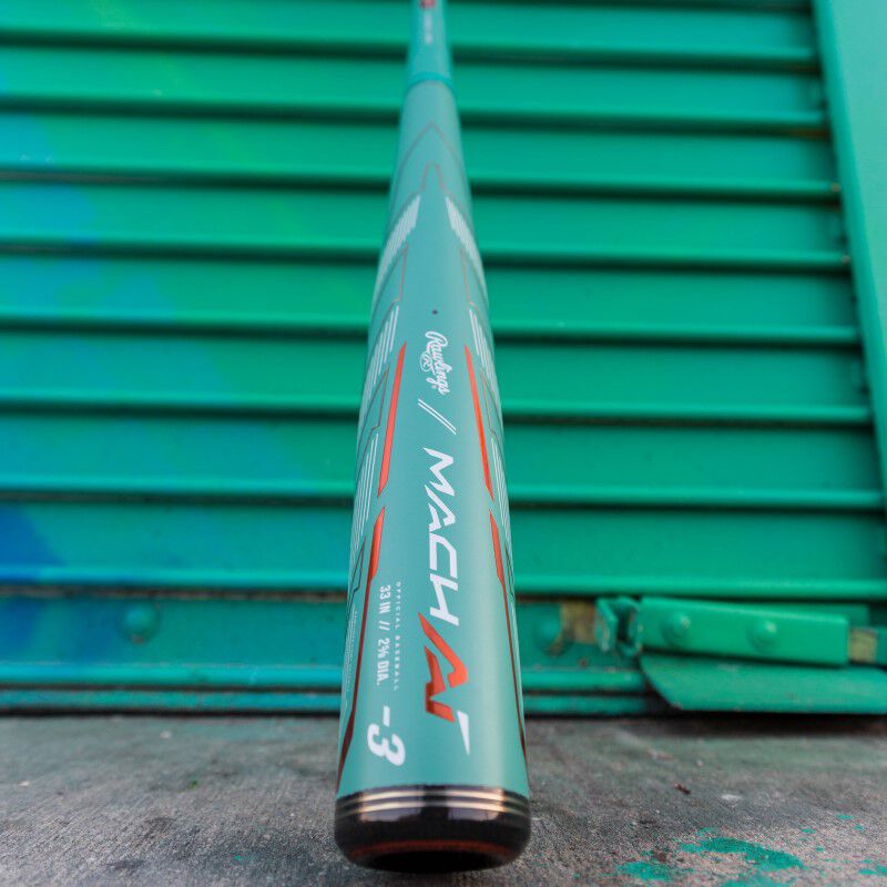 An ocean mint Mach AI BBCOR bat in front of a green wall - SKU: RBB4MC3