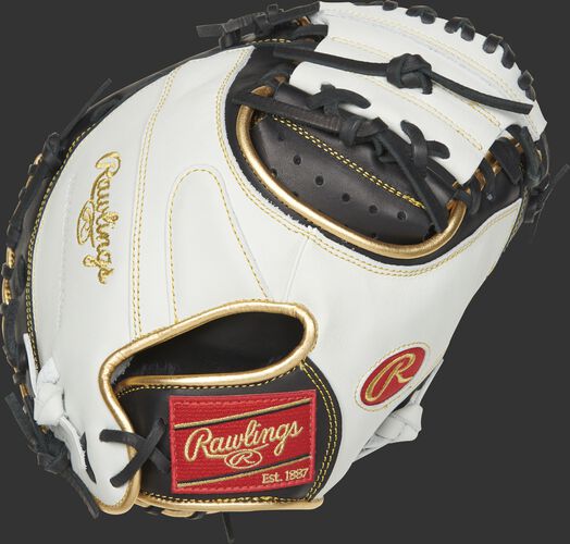 Back of a white ECCM32-23BW Encore catcher's mitt with gold binding/welting