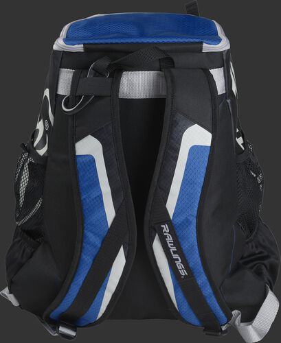 Back of black/royal R500 Players team backpack with black/royal shoulder straps