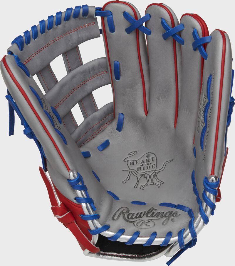 PRO3039-6PR Rawlings Puerto Rico outfield glove with a grey palm, grey web and royal laces