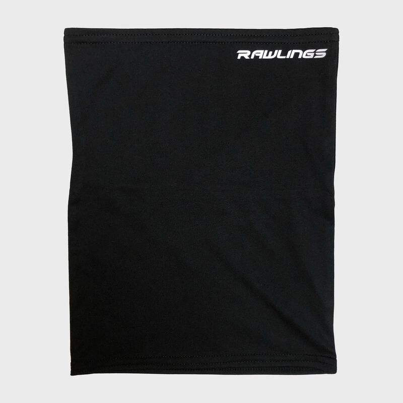 A black Rawlings neck gaiter with a white Rawlings logo in the top right - SKU: RMSKNG-BLK