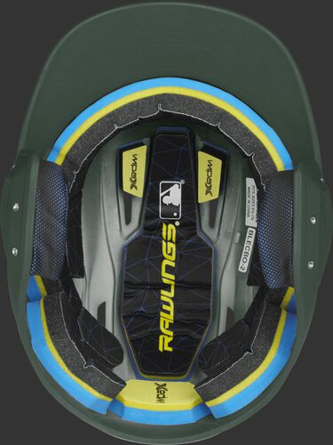Inside of a Rawlings MACH baseball helmet with IMPAX durable foam padding