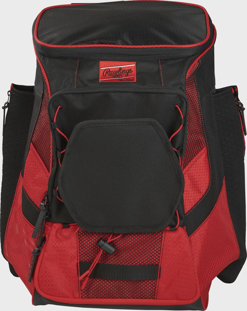 Front of a scarlet/black R600 Players team backpack
