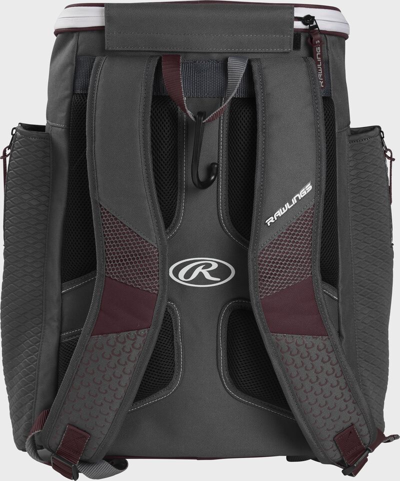 Back of a maroon Rawlings Impulse baseball backpack with gray shoulder straps - SKU: IMPLSE-MA loading=