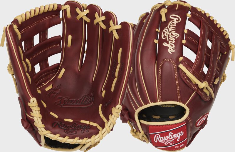 Two images showing the palm & back of a sherry Sandlot Series 12.75" outfield glove loading=