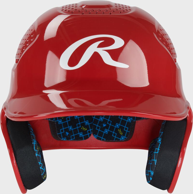 Front of a scarlet Rawlings RX2 gloss baseball batting helmet