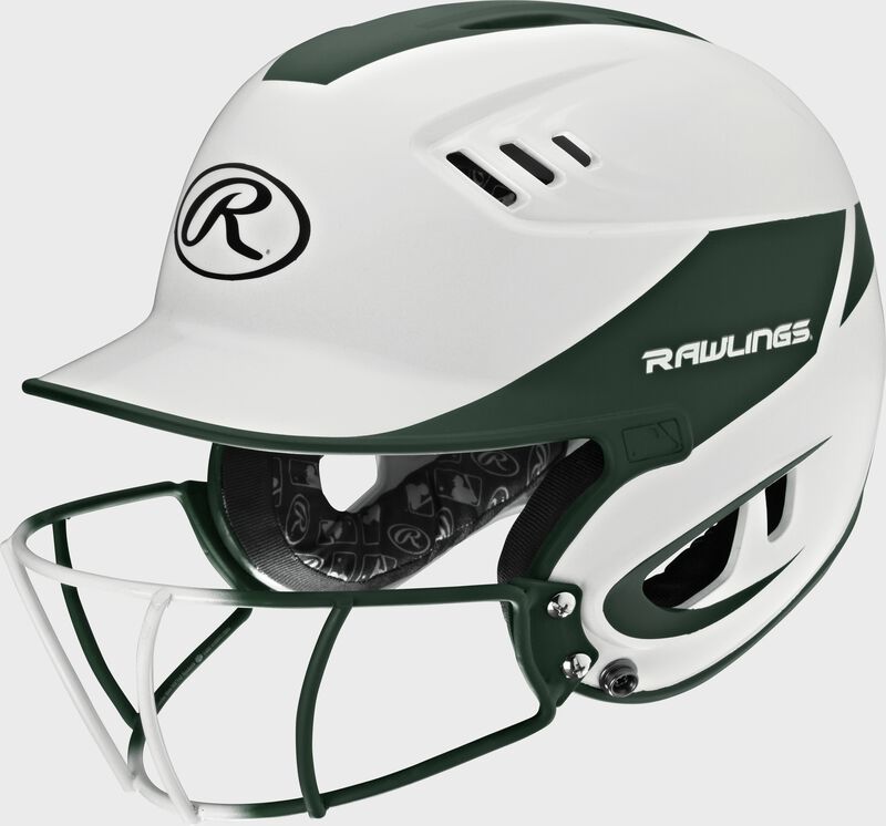 A white/dark green R16H2FGS Velo senior batting helmet with a white/dark green facemask loading=