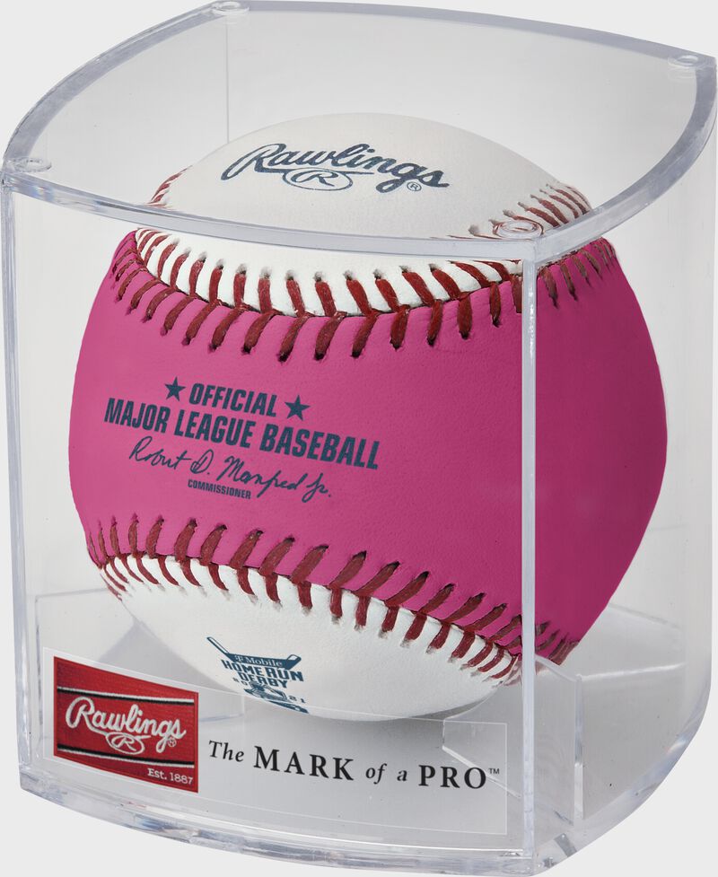 A pink/white 2021 MLB Home Run Derby money ball in a clear display cube - SKU: RSGEA-ROMLBHR21-R