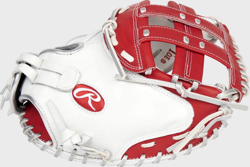 Thumb of a white/scarlet Liberty Advanced Color Series 34-Inch catcher's mitt with a scarlet H-web - SKU: RLACM34FPWSP