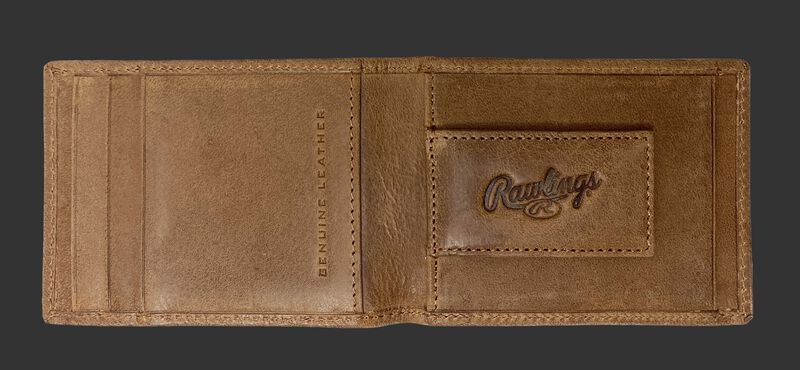Inside of a tan Rawlings American story front pocket wallet with a magnetic money clip on the right side - SKU: RPW003-204