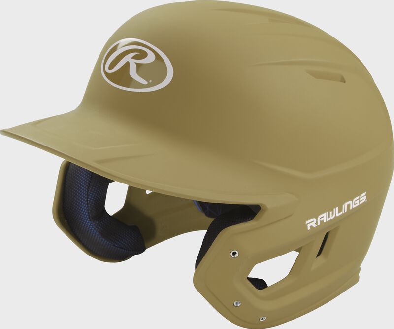 Left angle view of a Rawlings MACH helmet with a one-tone matte Vegas gold shell