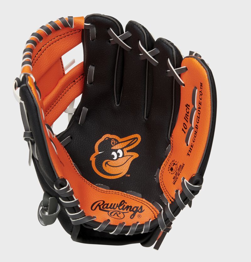 A black/orange Rawlings Baltimore Orioles youth glove with the Orioles logo stamped in the palm - SKU: 22000018111