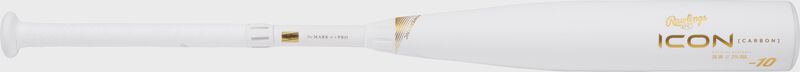 Full view of a white -10 Rawlings Icon USSSA bat shown left to right - SKU: RUT4I10
