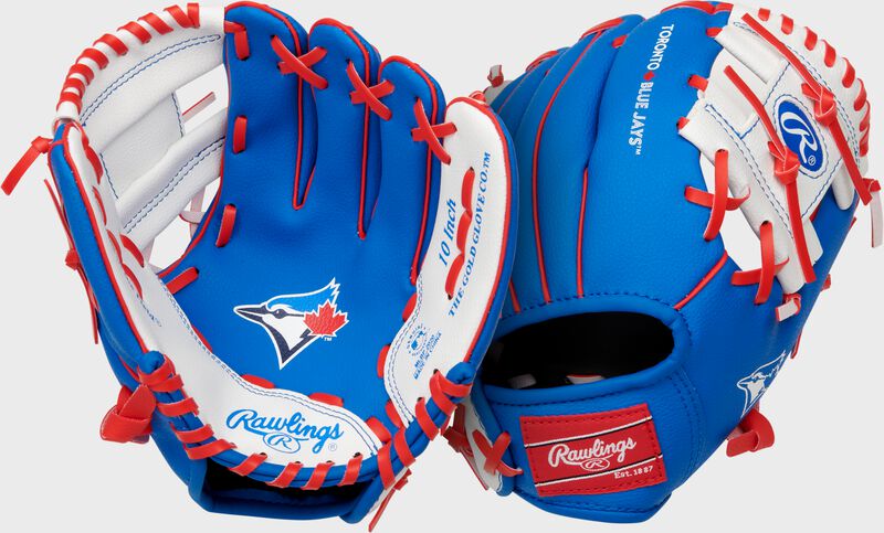 Two images showing the palm & back of a blue Toronto Blue Jays team logo youth glove