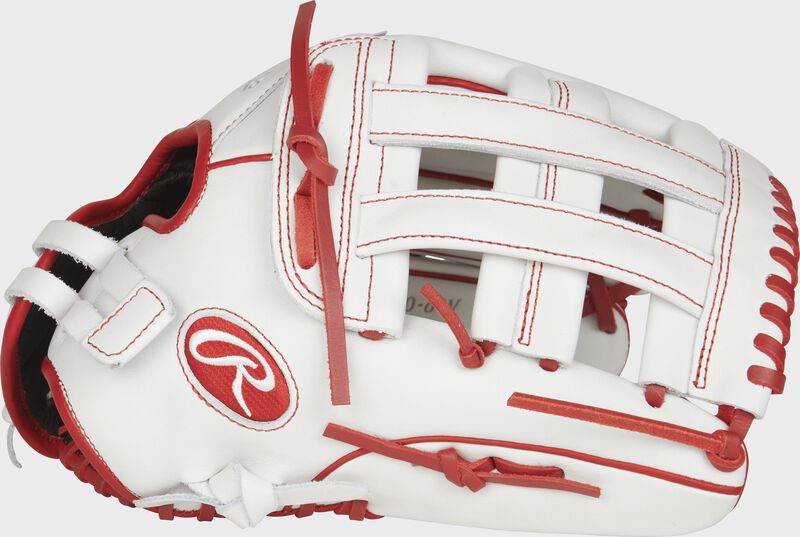 Thumb view of a white RLA130-6W Liberty Advanced 13-inch fastpitch outfield glove with a white H web