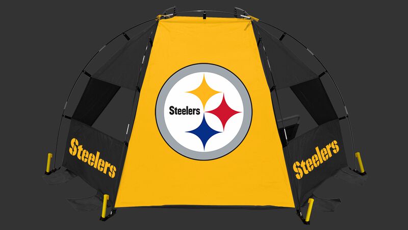 A Pittsburgh Steelers sun shelter set up on a beach with a chair, cooler, football and water bottle - SKU: 00961082111