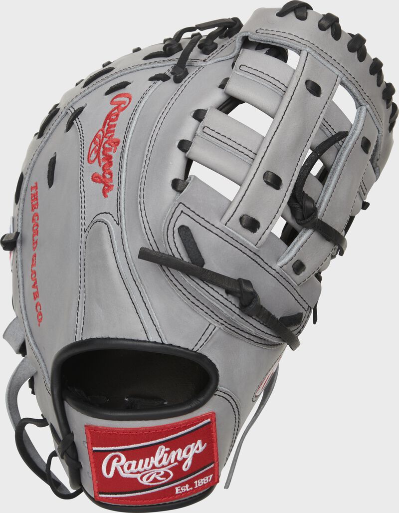 Back of a gray 12.5-Inch Heart of the Hide 1st base mitt with a red Rawlings patch - SKU: PROFM18PRO