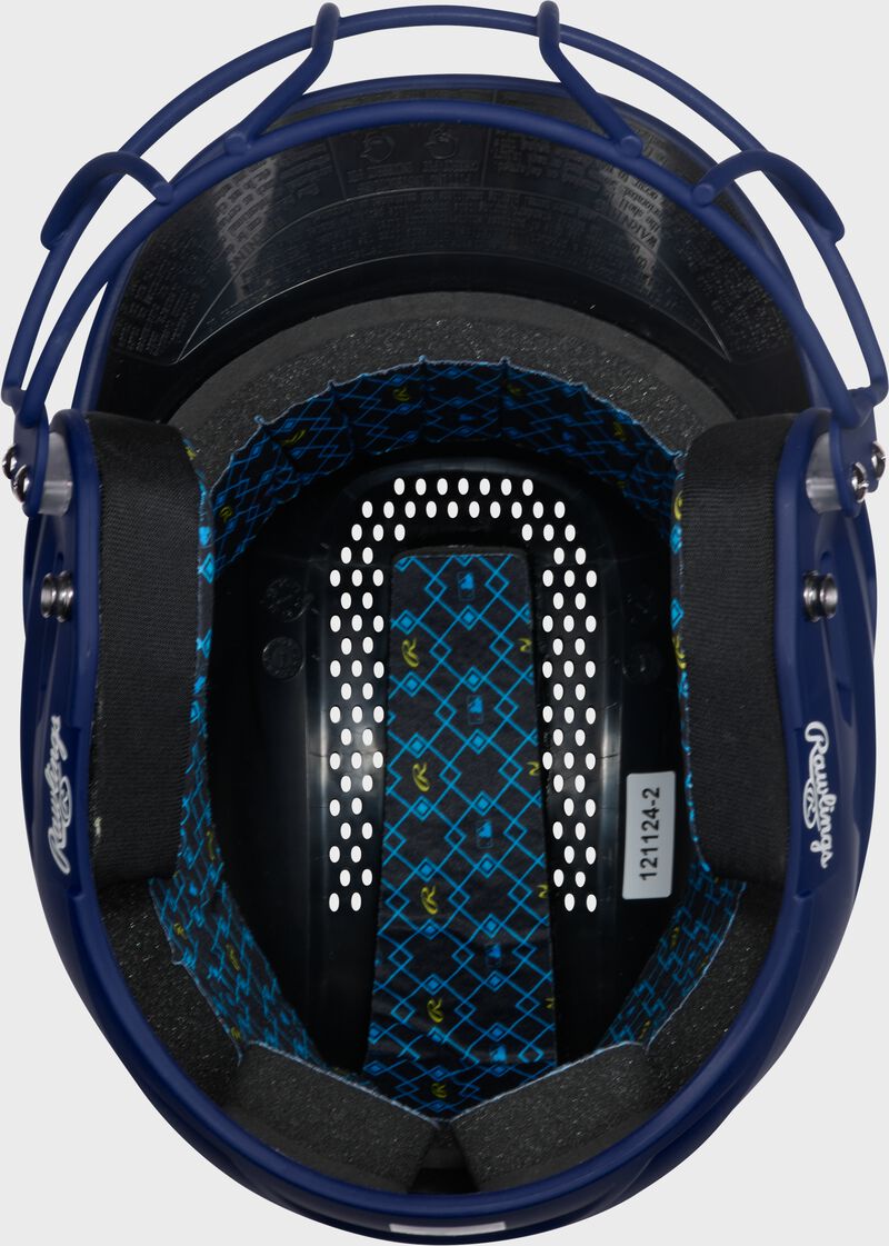Inside padding of a navy Rawlings RX2 fastpitch batting helmet loading=