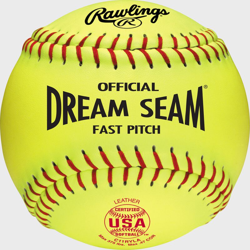 A yellow C11RYLA USA NFHS official 11-inch softball with red stitching
