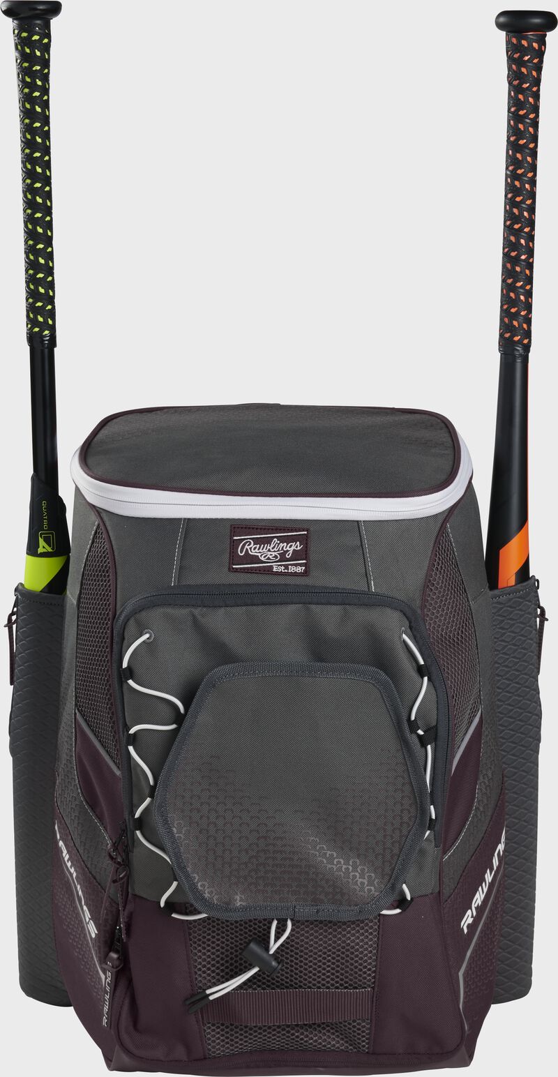 Front of a maroon Rawlings Impulse bag with a maroon Rawlings patch and two bats in the sides - SKU: IMPLSE-MA