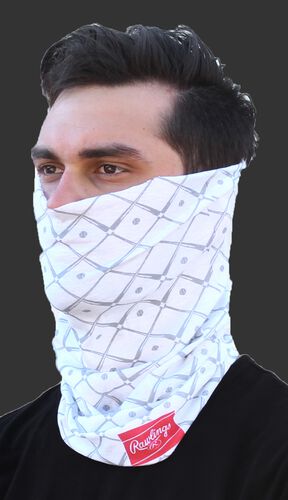 A guy wearing a white Rawlings adult multi-functional head and face cover around his mouth and nose - SKU: RC40005-100