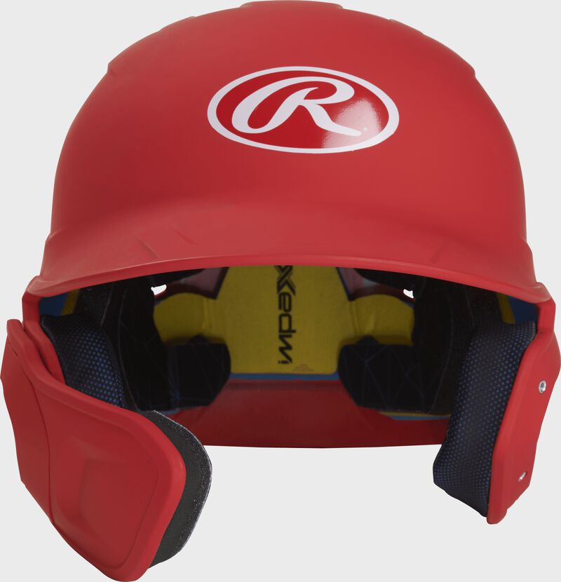 Front of a matte scarlet MACHEXTL junior size Mach batting helmet with face guard extension for left hand batters loading=