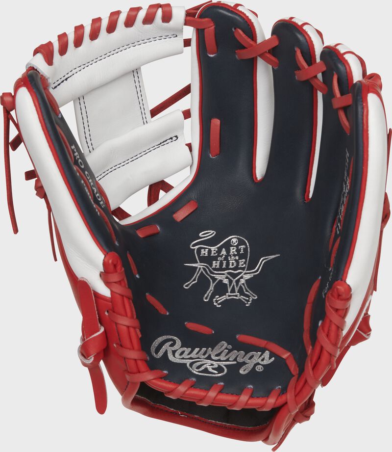Shell palm view of scarlet and white 2021 Washington Nationals Heart of the Hide glove