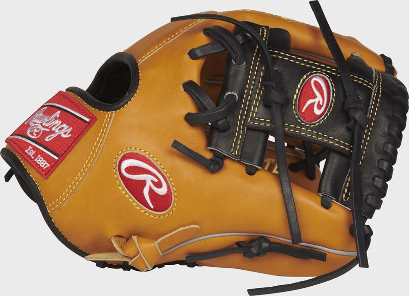 Thumb view of a PROS204-2RTB Pro Preferred rich tan infield glove with a black I web