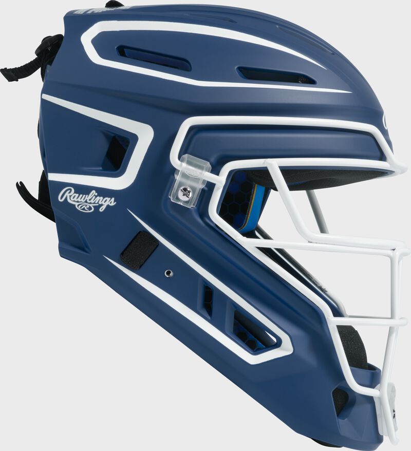 Right side of a navy Rawlings Mach Pro Series catcher's helmet loading=