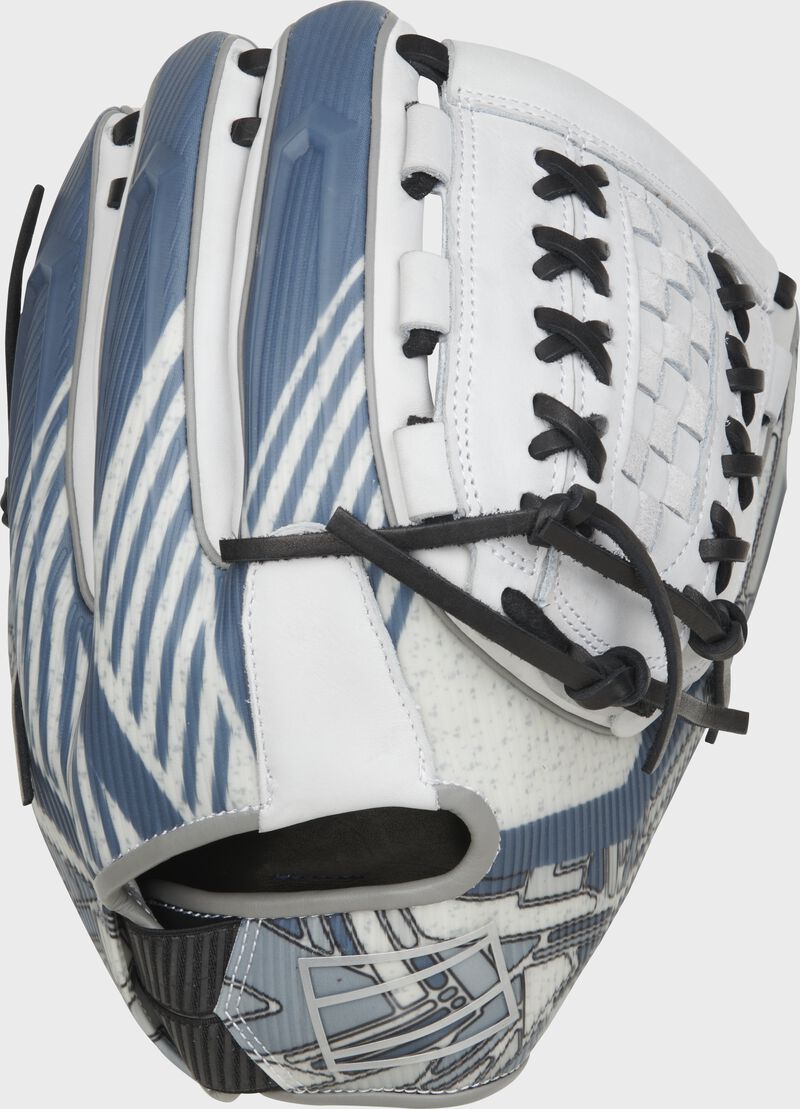 Stylized back design of a REV1X 12.25" Fastpitch softball glove - SKU: REV207SB-18W
