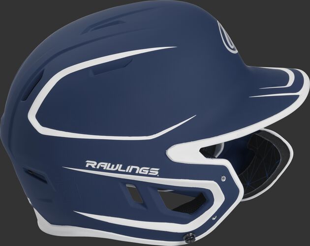 Right side of a MACHEXTR junior Rawlings batting helmet with a two-tone matte navy/white shell