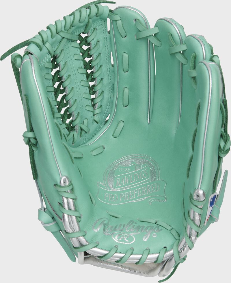 Ocean mint palm of a Marcus Stroman Pro Preferred glove with mint laces and silver stamping - SKU: PROS206-MSO loading=