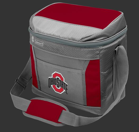 A grey NCAA Ohio State Buckeyes 16 can cooler with the team logo on the front