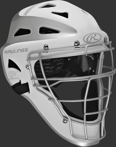 Front right of a white/silver CHVELY Rawlings Velo catcher's helmet