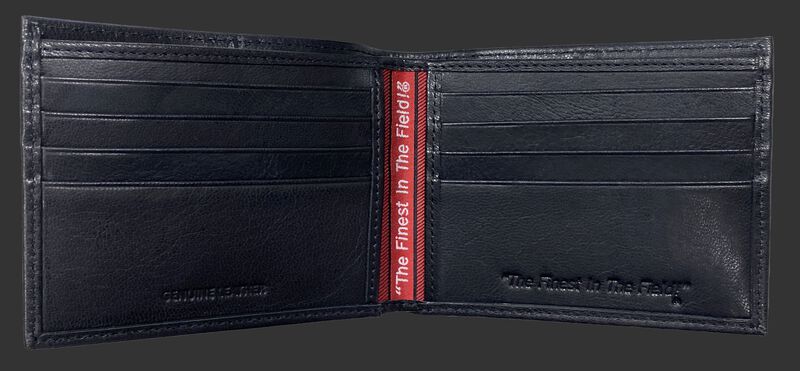 Inside of a black Rawlings debossed stich bi-fold wallet with multiple credit card slots - SKU: RPW007-001