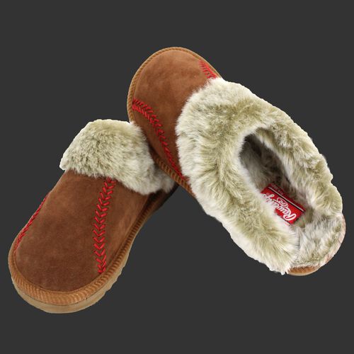 Two RF50006-200 baseball stitch women's sliders with mule cow suede and faux fur lining