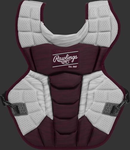 A maroon/white CPV2N Rawlings Velo 2.0 adult chest protector with a striped pattern