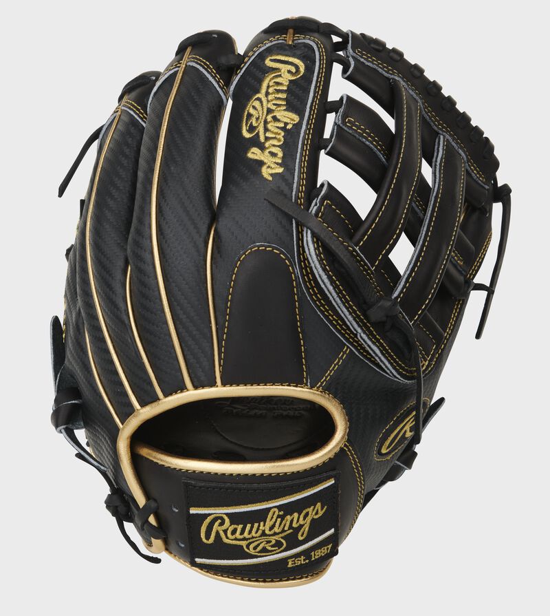 Black Hyper Shell back of a Pro Preferred H-web infield glove with a black Rawlings patch - SKU: PROS206-6BCF