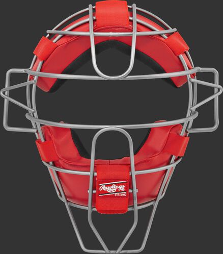 A LWMX2 adult lightweight hollow wire catcher/umpire mask with scarlet padding and silver cage