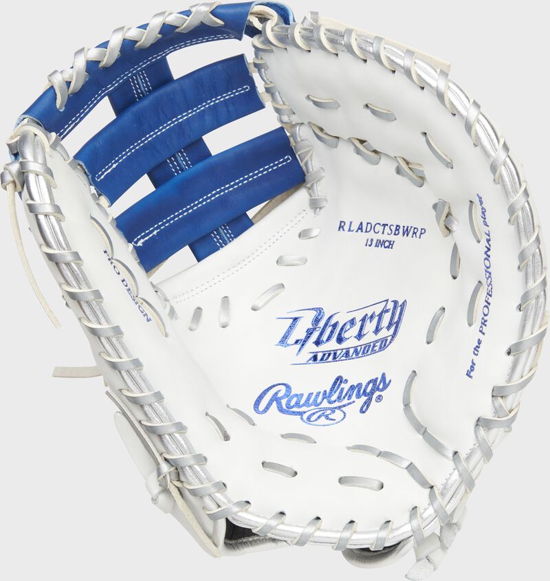 White palm of a Rawlings Liberty Advanced Color Series 1st base mitt with platinum laces and royal stamping - SKU: RLADCTSBWRP